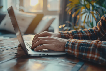 Fototapeta premium Asian casual businessman typing on a laptop computer working from home.