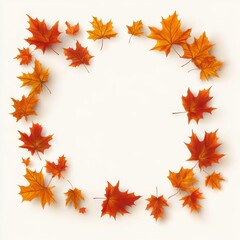 Minimal Autumn Frame of Falling Oak and Maple Leaves in Vibrant Tones on White Background for Seasonal Design