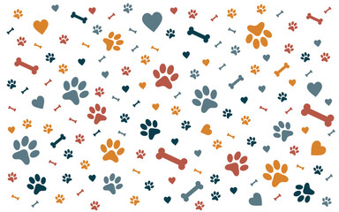 Papier-peint de motifs autour de l'amour des chiens - Illustration de silhouettes de pattes de chiens, de coeurs et d'os - Couleur vives et positives - Arri&egrave;re-plan autour des animaux domestiques