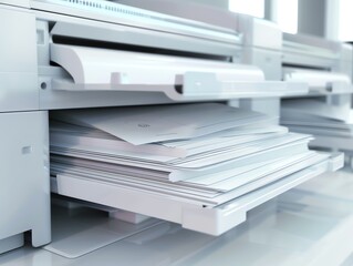A detailed render of a copiers paper tray with paper stack