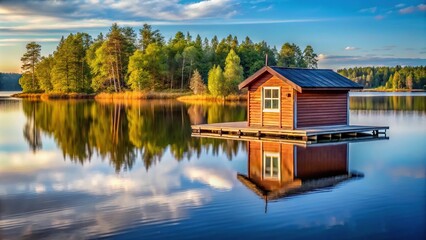 small wooden cabin on lake in Swedish countryside