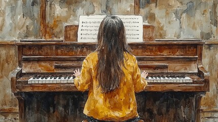 An expressive watercolor painting of a young girl playing a wooden piano, showcasing artistry and emotion in a serene musical performance setting.