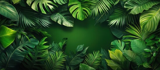 Lush green tropical leaves frame a blank space in the center of the image.