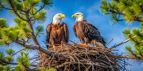 A pair of majestic birds of prey perched on a sturdy nest constructed from interwoven branches, their watchful gaze focused on the horizon against a backdrop of vibrant blue sky and verdant foliage.