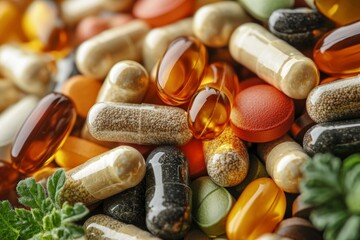 A variety of dietary supplements and vitamins displayed in colorful capsules and tablets on a wooden surface