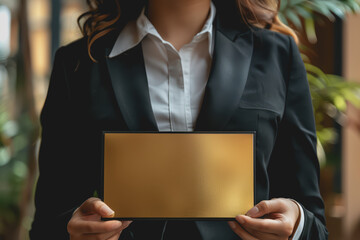 Close-up of a businesswoman holding a gold plaque award, deep depth of field.