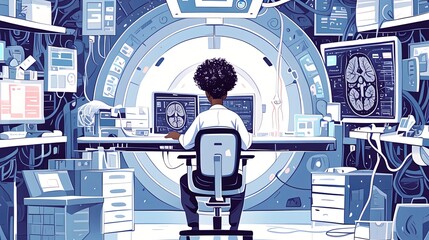 A dedicated scientist sits in a cutting-edge laboratory, analyzing complex brain scans on multiple monitors, illustrating the intersection of medicine and technology.