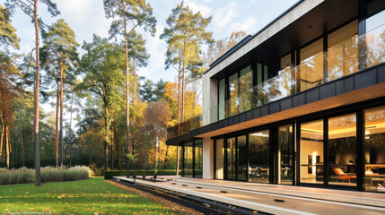 Naklejka premium Modern glass house surrounded by tranquil forest in autumn light. Country house in eco-friendly place