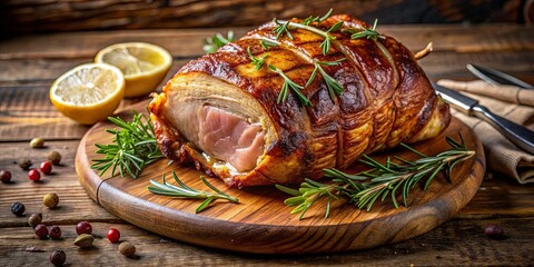 Roasted Meat Roll with Rosemary and Citrus Garnish on a Wooden Board