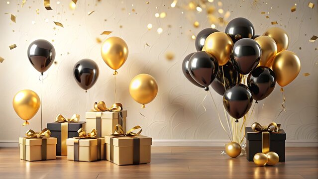 A festive arrangement of black and gold balloons and gift boxes, celebrating a joyous occasion with sparkling confetti.