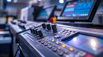 Closeup view of a copiers control panel with digital display