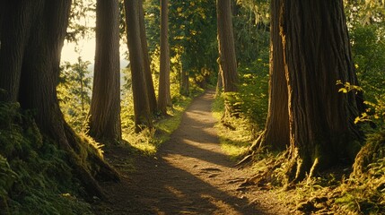 Obraz premium Serene Forest Pathway Through Tall Trees