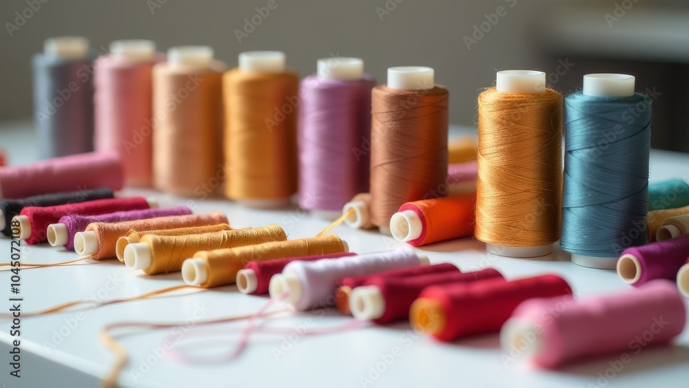 Poster a bunch of colorful spools of thread are laid out on a table