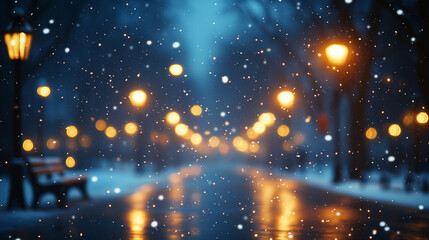 Night snowy Christmas city, blurred background