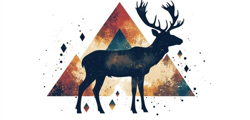 Abstract deer shape against a triangle pattern with tribal influences.