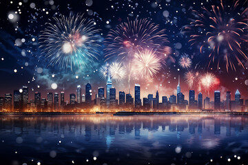 Obraz premium Fireworks are lively in the city on New Year's