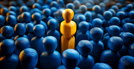 Obraz premium Closeup of one single yellow human shape (wooden figurine) among a large group of blue ones. Standing out from the crowd, thinking outside the box, leadership and individuality concept. Generative Ai.