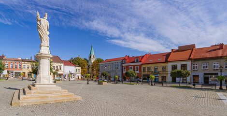 Pomnik św. Floriana na Rynku w Brzesku - Krajobraz Miejski w Słoneczny Dzień | Saint Florian Monument in Brzesko Town Square, - Sunny Day Cityscape