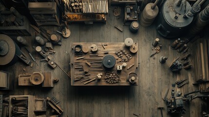 Vintage Workshop with Tools and Materials on the Table