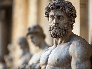 Naklejka premium A close-up of a classical stone statue depicting a muscular male figure, showcasing expressive facial features and detailed sculpting.