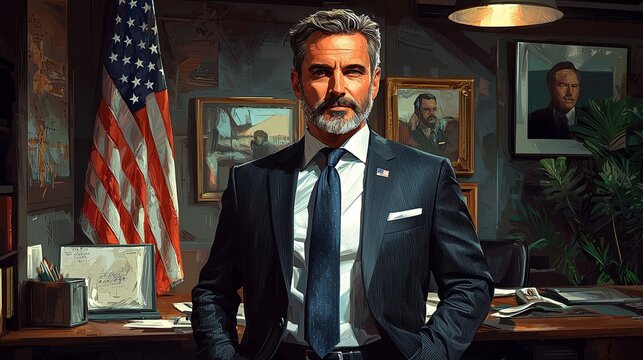 A distinguished man in a suit, with a steely gaze and beard, stands in his office surrounded by framed portraits, symbolizing ambition, leadership, and legacy.