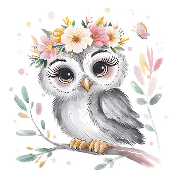 owl on a tree caroon illustration. watercolor art of a owl.
