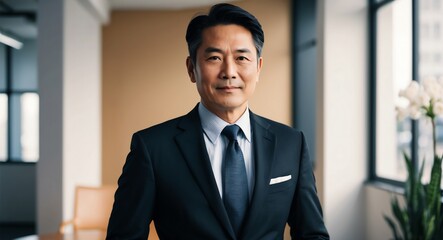 Fototapeta premium east asian mature guy office formal bright background wearing fashion portrait