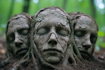 Three human faces artistically blend with the earth, covered in textured bark-like patterns, evoking themes of nature, growth, and the cycle of life.