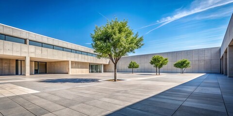 A minimalist courtyard with a concrete building and trees casting long shadows on the paved ground