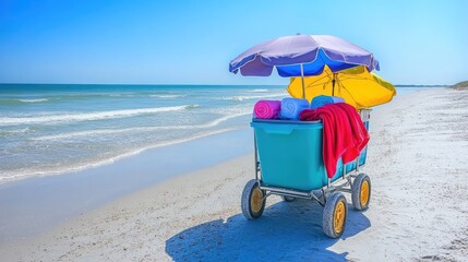 Beach Cart with Towels and Umbrellas Near Ocean