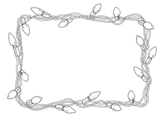 Christmas light garland frame border with festive bulbs. Hand drawn vector black illustration on white background. Ideal for holiday cards and printable coloring pages. Classic xmas decor design