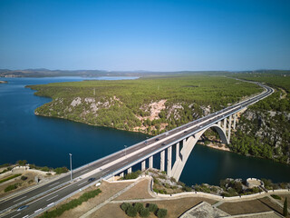 Bird's eye view of the highway  and the bridge over the river in Krka National Park, Croatia