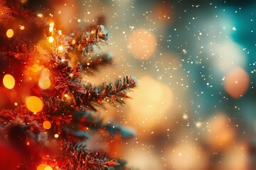 Christmas background with christmas tree, snow and blurred lights