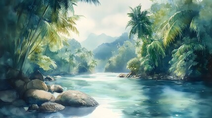A watercolor painting of a tropical river running through the rainforest, with palm trees and rocks on both sides of it