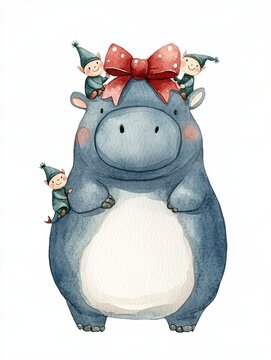 Whimsical hippo with playful elves and a festive bow