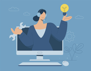 Technical support or customer service, Hotline, Call center representative, Online customer consultation or feedback, Woman wearing headphones holding a wrench and helping customers solve problems.