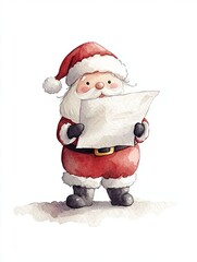 Obraz premium Cheerful Santa Claus reading a list in watercolor style