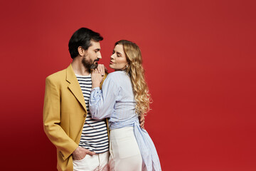 A middle aged couple enjoys a warm and playful moment, highlighting their connection.