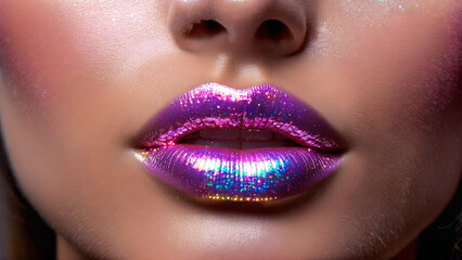 Naklejka premium Alluring woman applying sheer lip gloss glistening shine luscious drips iridescent sparkles Closeup portrait photography