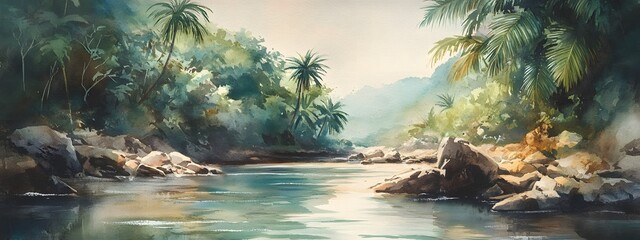 A watercolor painting of a tropical river running through the rainforest, with palm trees and rocks on both sides of it
