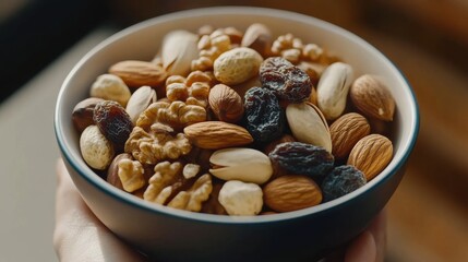 A healthy mix of nuts and dried fruits held in a bowl, showcasing a variety of textures and colors, perfect for a nutritious snack option at home
