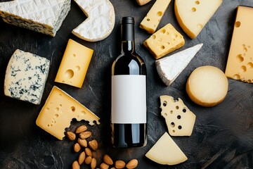 Red wine bottle mockup with label for branding, with different types of cheese