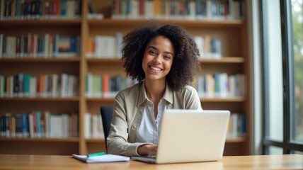 Confident student working on her laptop in the library — A confident young woman smiling while using her laptop in a library, surrounded by bookshelves.