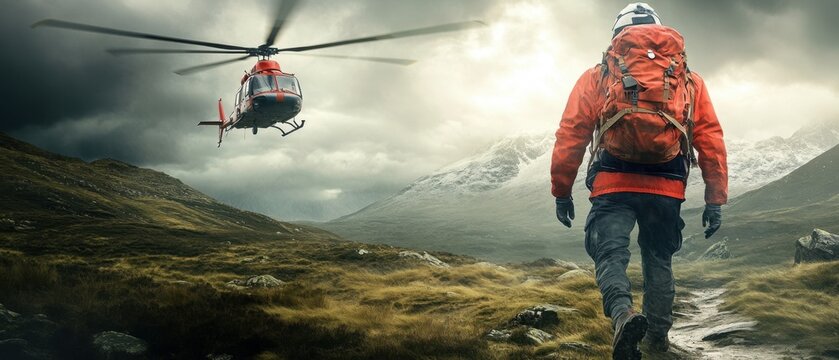 Helicopter medevac crew evacuates injured hiker from remote mountain terrain under stormy sky, battling harsh winds for a life-saving rescue