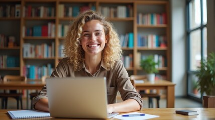 Bright student researching in a quiet library — A smiling young woman with curly hair researching on her laptop, surrounded by books in a calm library.