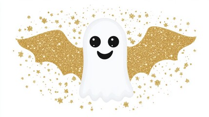 Obraz premium Cheerful ghost with golden glittery wings surrounded by sparkling stars, AI