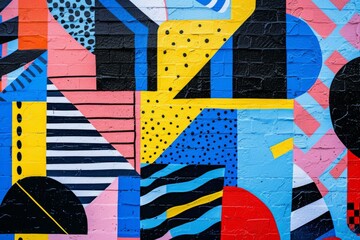 Abstract street art background. Creative graffiti with geometric shapes and lines in Memphis style on brick wall