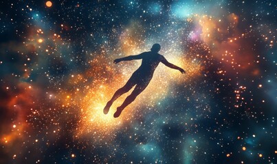 Naklejka premium Silhouette of a person floating in a starry sky.