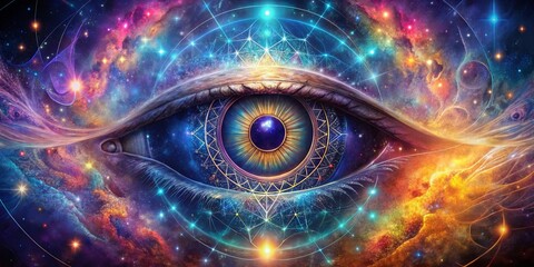 A cosmic eye gazes upon a nebula of swirling colors and twinkling stars, surrounded by intricate geometric patterns and celestial light.