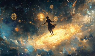 Fototapeta premium A figure levitates on a swirling golden ring in space.